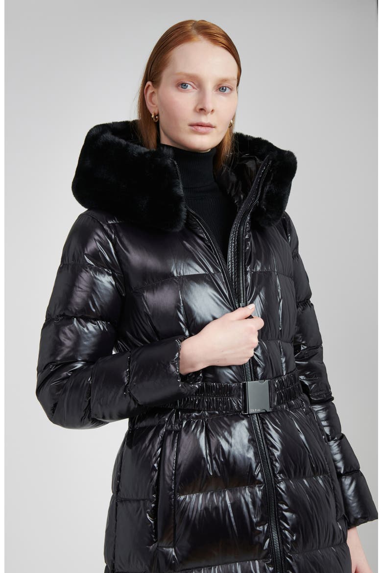 Lexi Water Resistant Hooded Nylon Down Puffer Coat with Faux Fur Trim, Alternate, color, BLACK