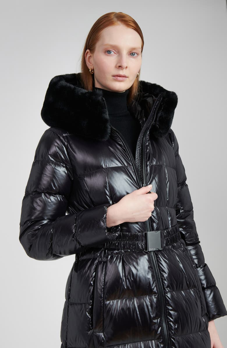 The Recycled Planet Company Lexi Water Resistant Hooded Nylon Down Puffer Coat with Faux Fur Trim, Alternate, color, Black