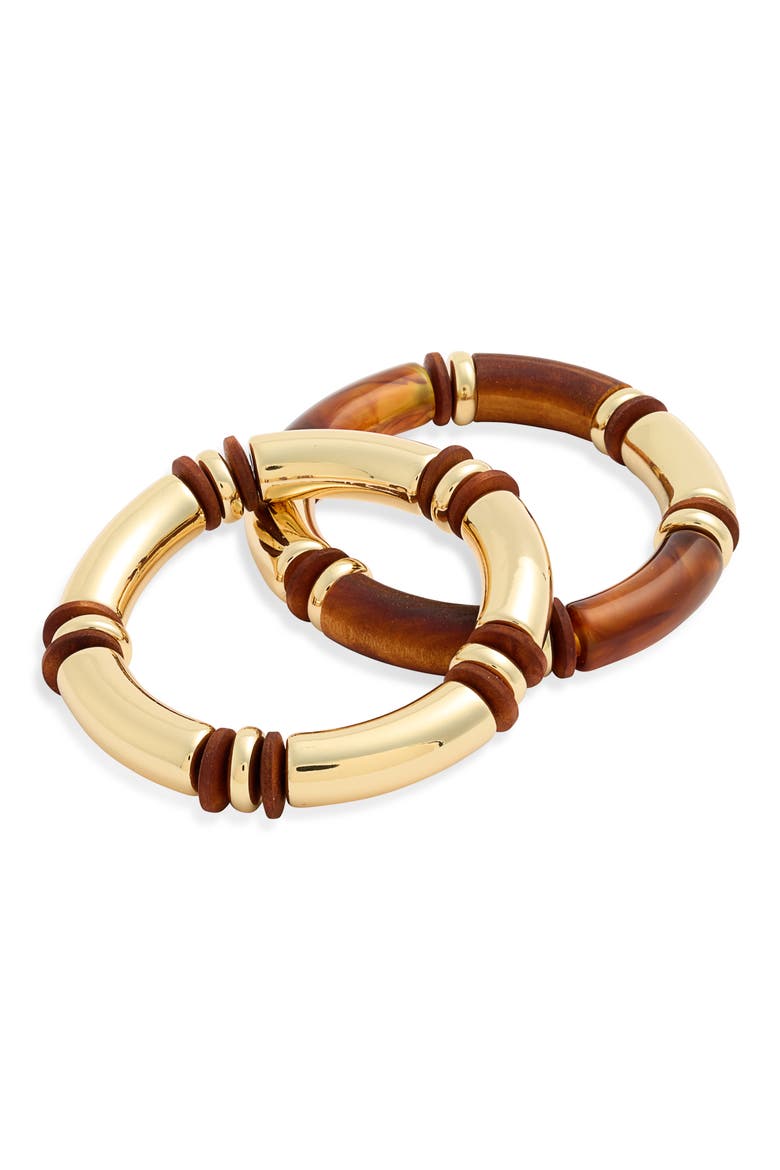 Set of 2 Tube Bead Stretch Bracelets, Main, color, BROWN MULTI- GOLD