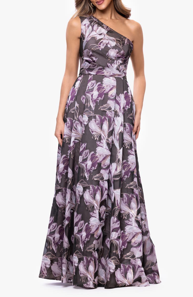 Xscape Evenings Pleated One-Shoulder Ballgown, Main, color, Black/ Lilac