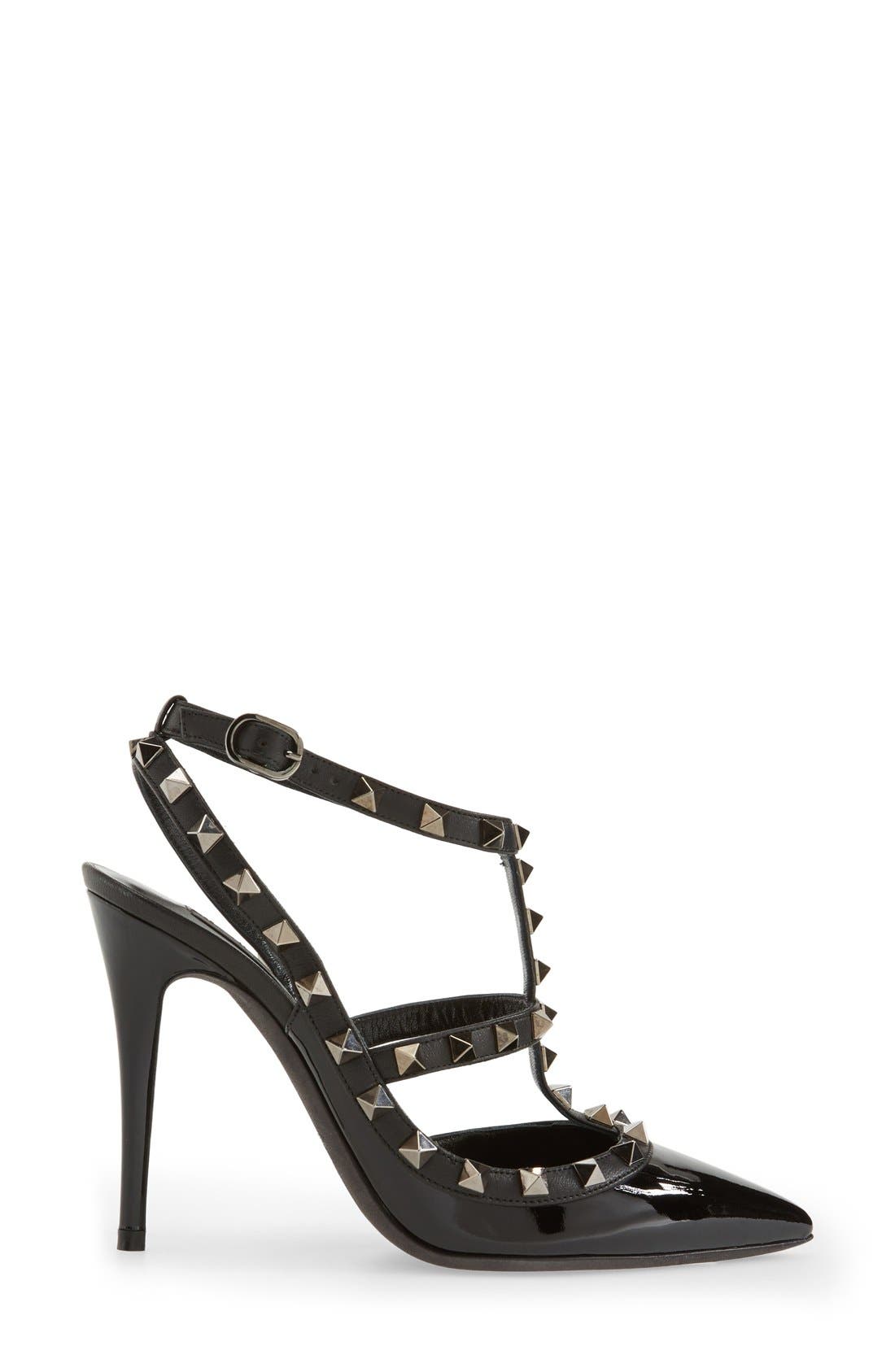 Noir Rockstud T-Strap Pointed Toe Pump, Alternate, color, BLACK PATENT