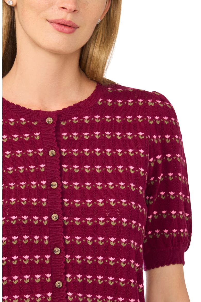 Jacquard Short Sleeve Cardigan, Alternate, color, DEEP MULBERRY