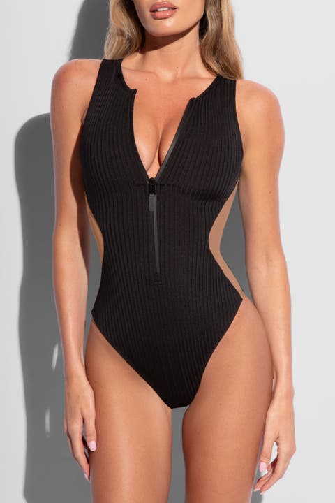 Mega Sculpting Adjustable Zip-Front Crew Neck One Piece Swimsuit