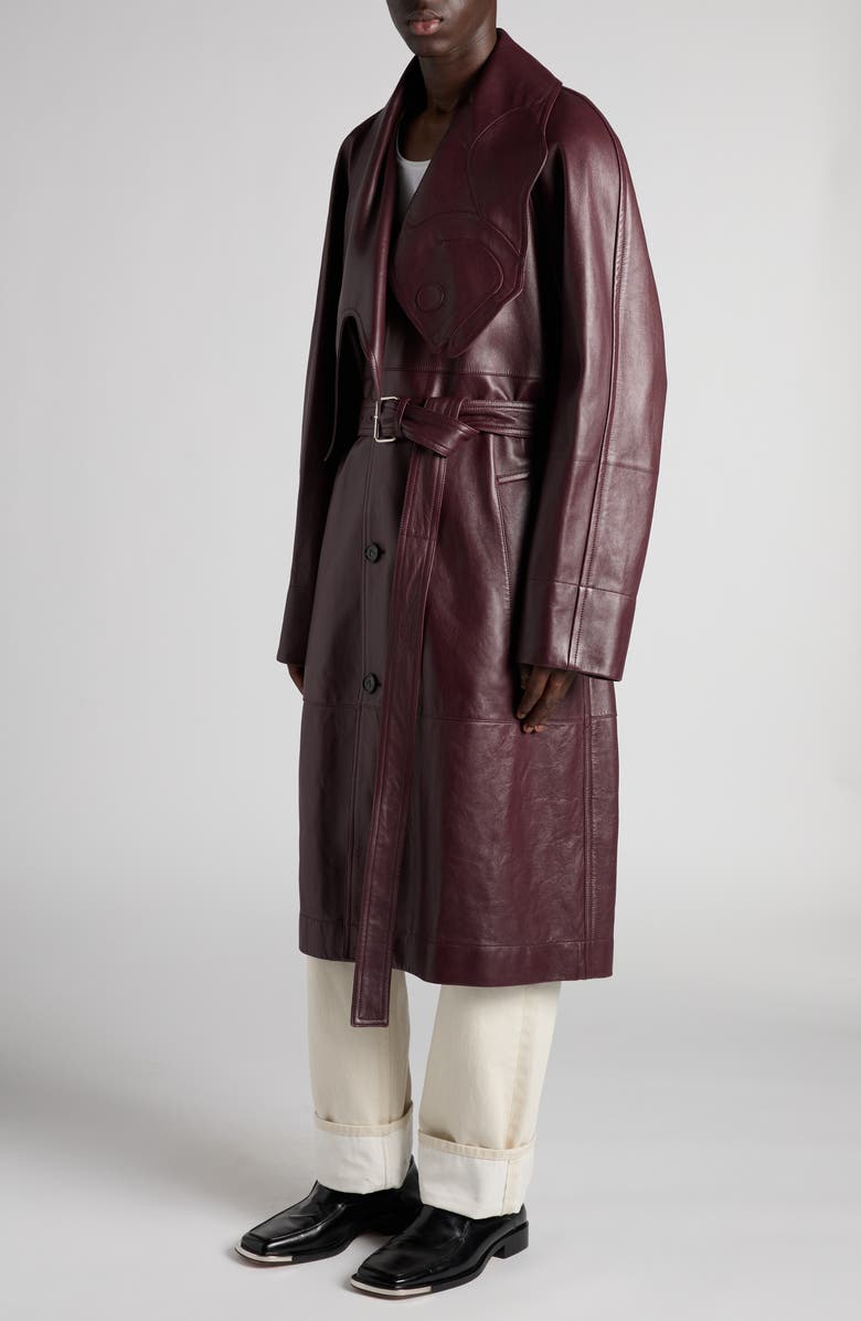 Bottega Veneta Fish Lapel Leather Belted Coat, Alternate, color, 6840 Aubergine