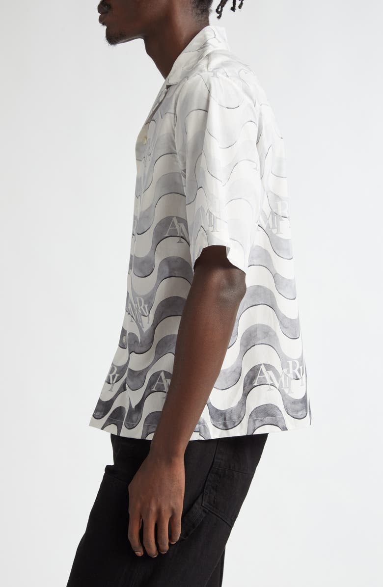 AMIRI Staggered Logo Wave Cotton Camp Shirt, Alternate, color, Grey