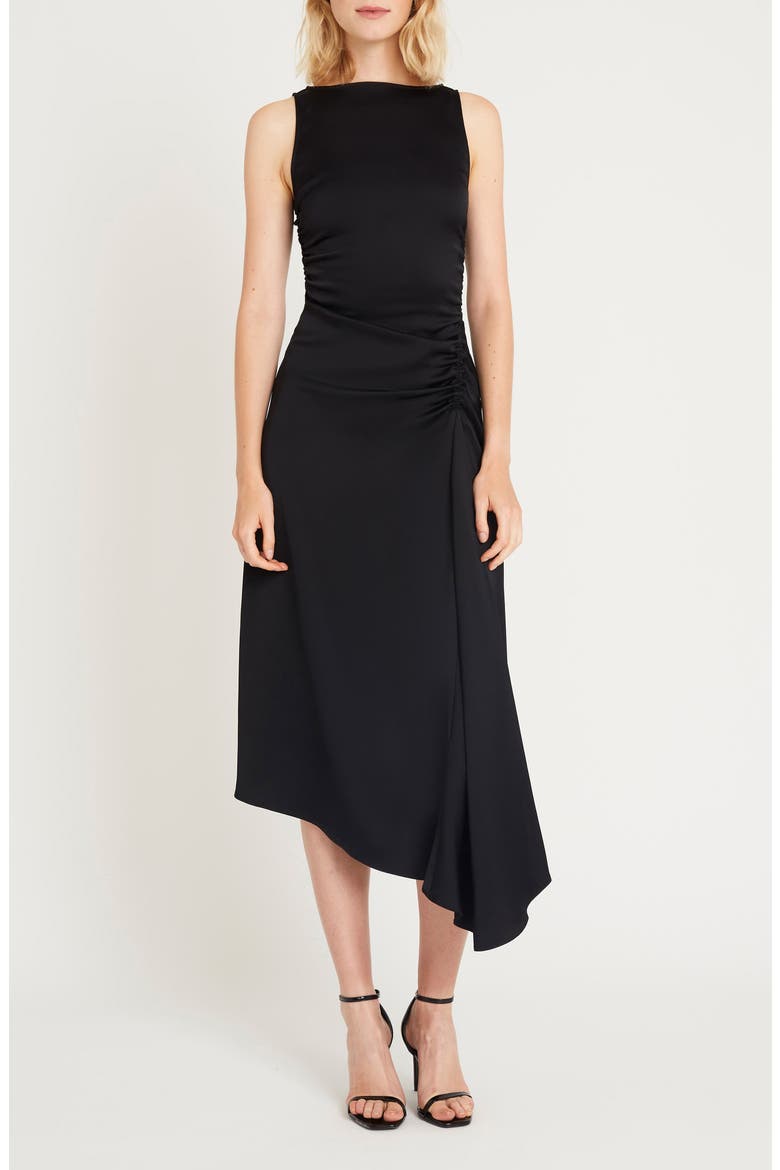 Finch Ruched Satin Midi Dress, Main, color, METEORITE