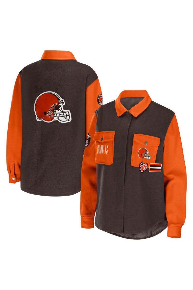 Women's WEAR by Erin Andrews Brown Cleveland Browns Snap-Up Shirt Jacket, Main, color, Brown