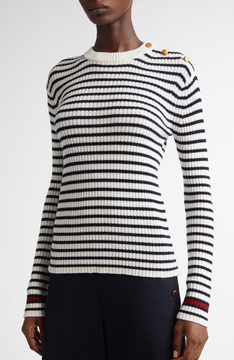 Max Mara Lari Button Detail Stripe Virgin Wool Rib Sweater, Alternate, color,