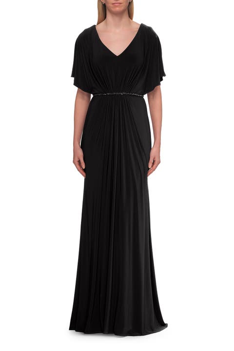 Flutter Sleeve Jersey Gown with Beaded Waist