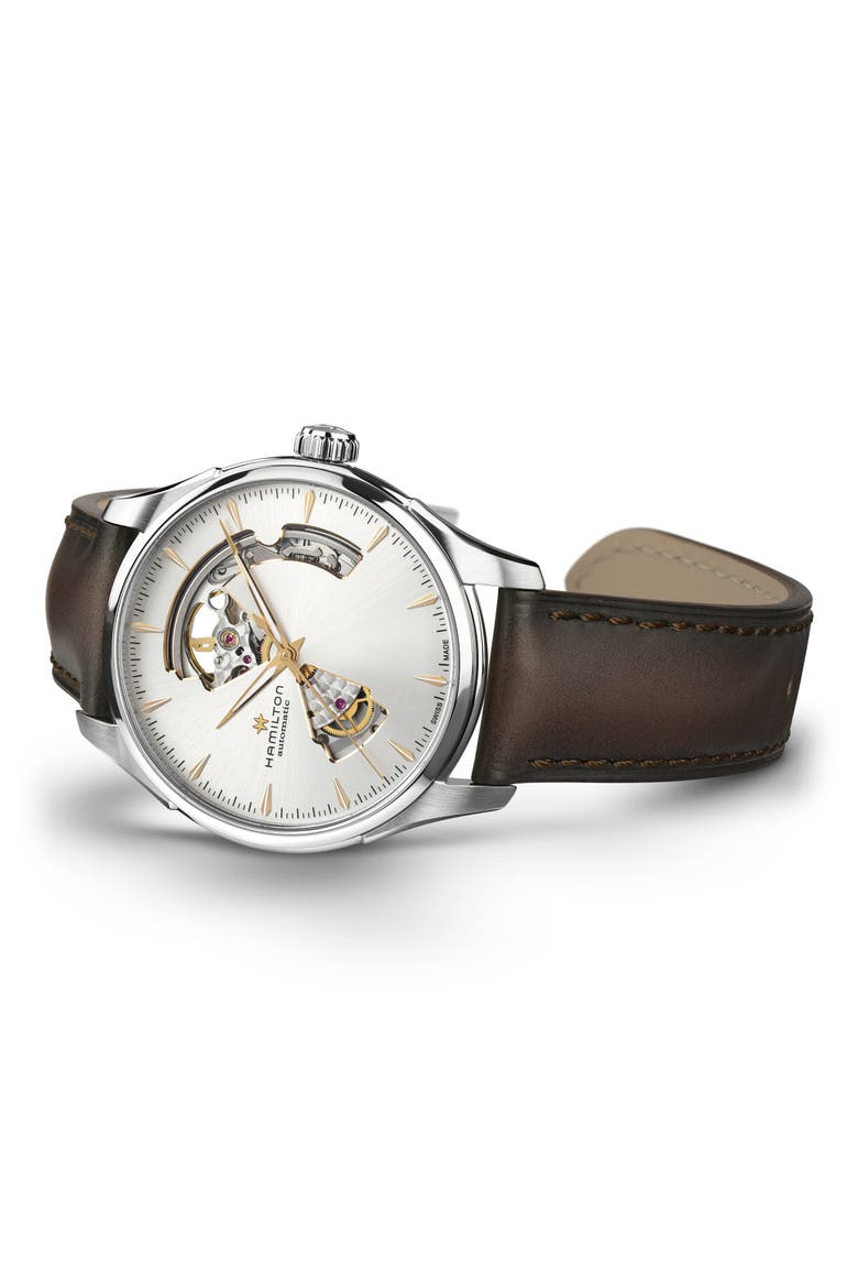 Jazzmaster Open Heart Automatic Leather Strap Watch, 40mm, Alternate, color, SILVER