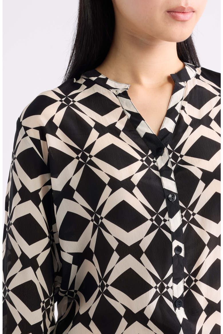 Mandarin Collar Button-Up Shirt, Alternate, color, MIDNIGHT/IVORY