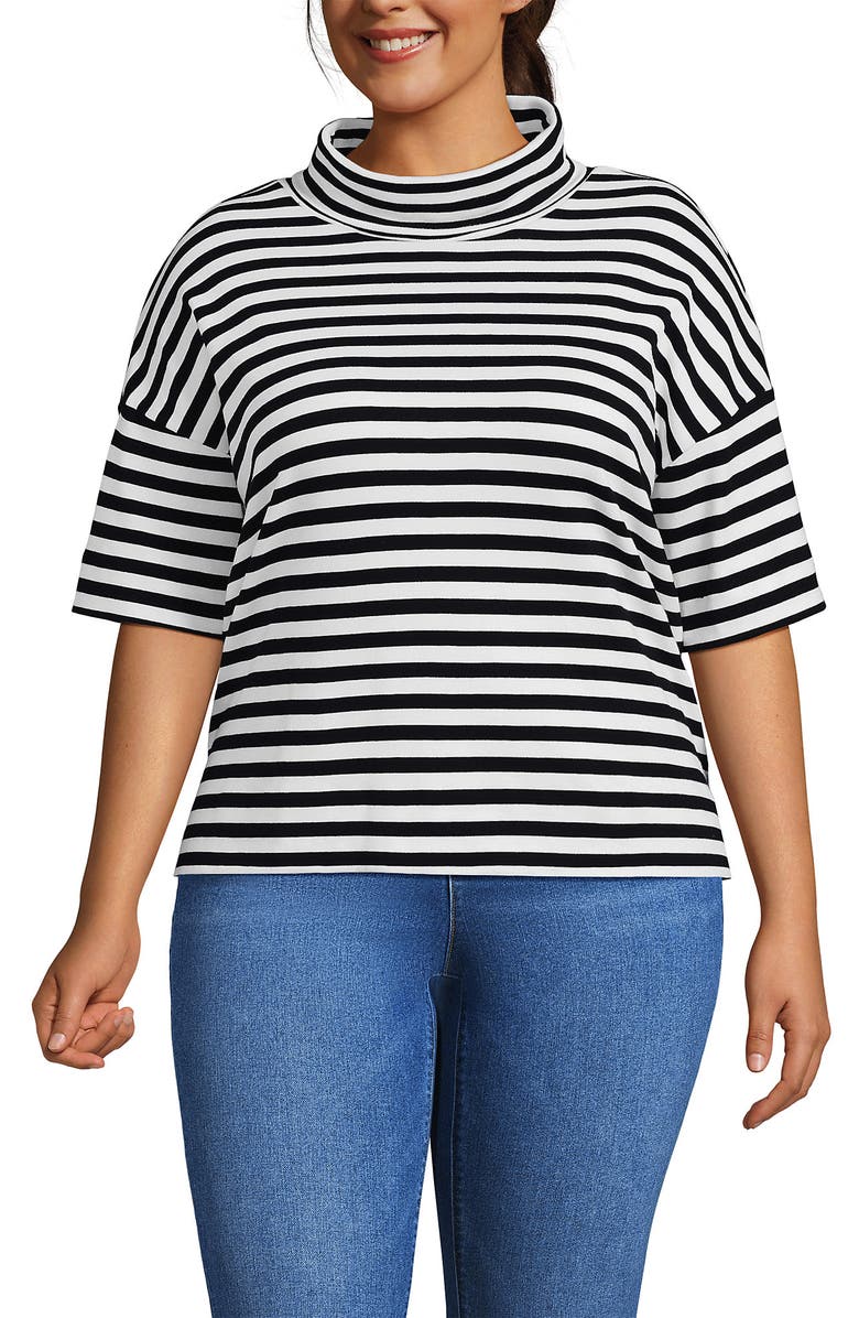 Lands' End Elbow Sleeve Supima Cotton Relaxed Turtleneck, Main, color, Black Even Stripe