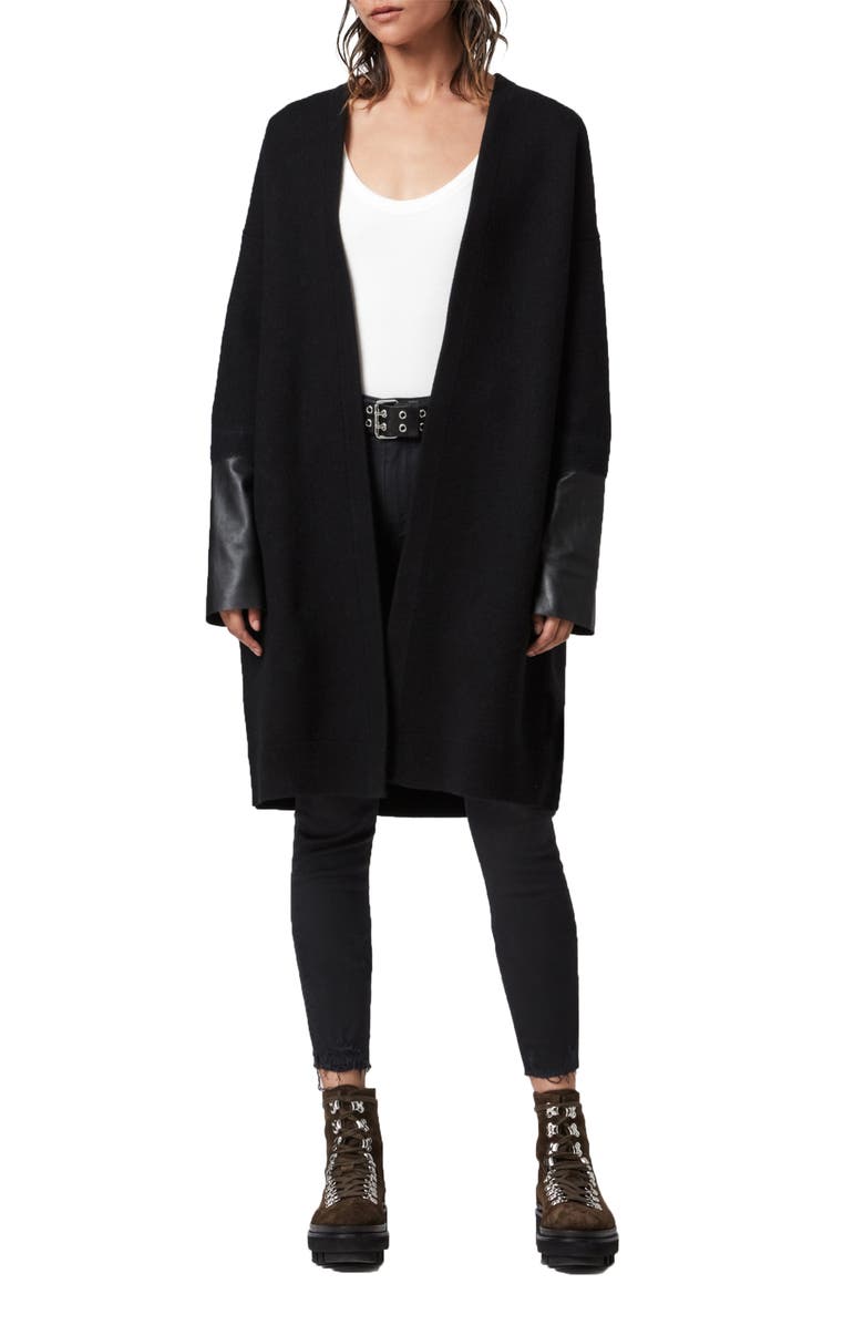 AllSaints Essy Leather Cuff Wool Cardigan, Alternate, color,
