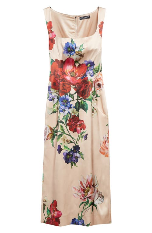Dolce & Gabbana Multicolor Sleeveless Dress With Square Neck And All-over Floral Print In Nude