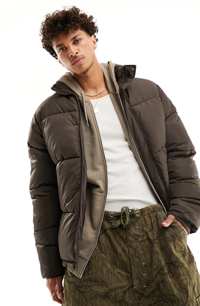 ASOS DESIGN Water Resistant Puffer Jacket with Removable Hood, Main, color,