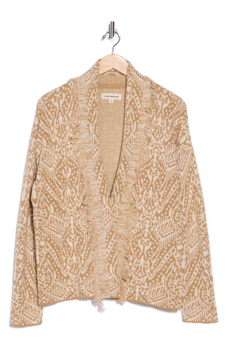 Lucky Brand Shawl Collar Open Front Jacquard Knit Cardigan, Alternate, color, Natural Multi