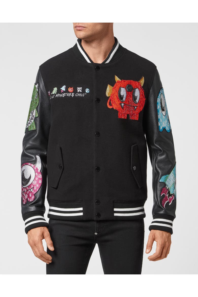 Varsity Bomber Monsters With Crystals Men, Main, color, black