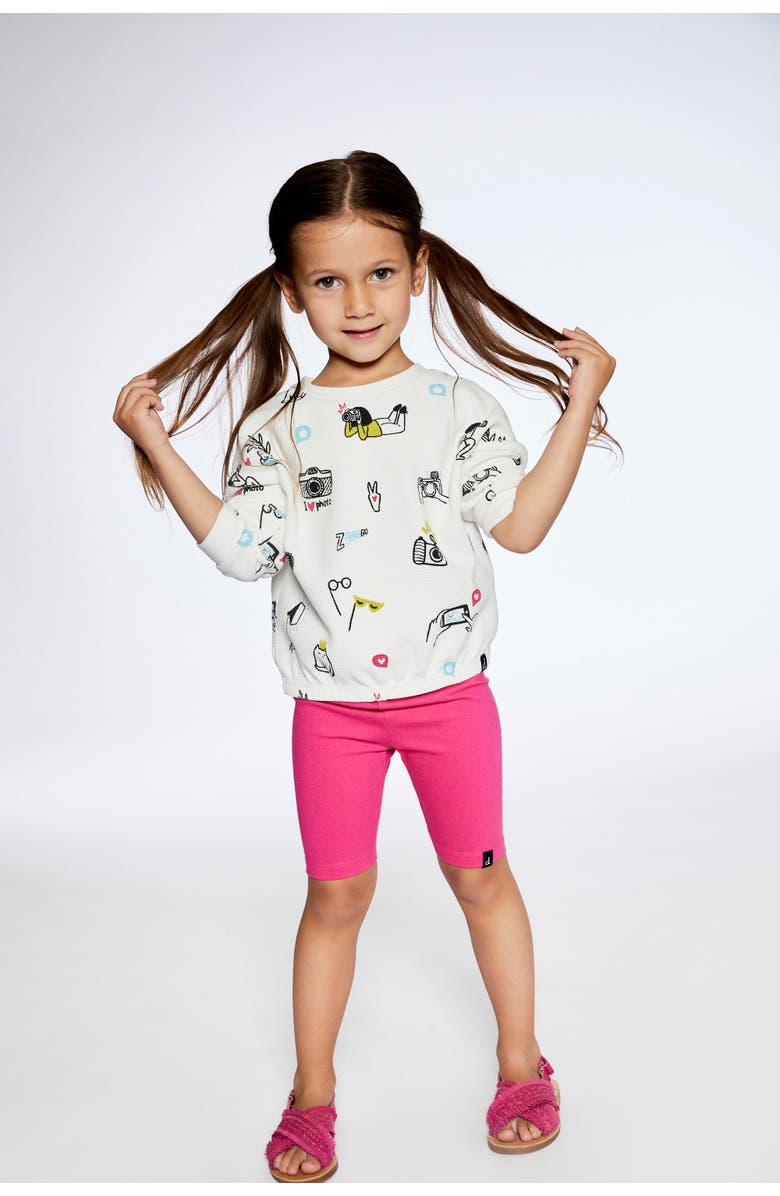 Deux par Deux Little Girl's Elastic Waist Waffle Top Off White Camera Print, Alternate, color, 