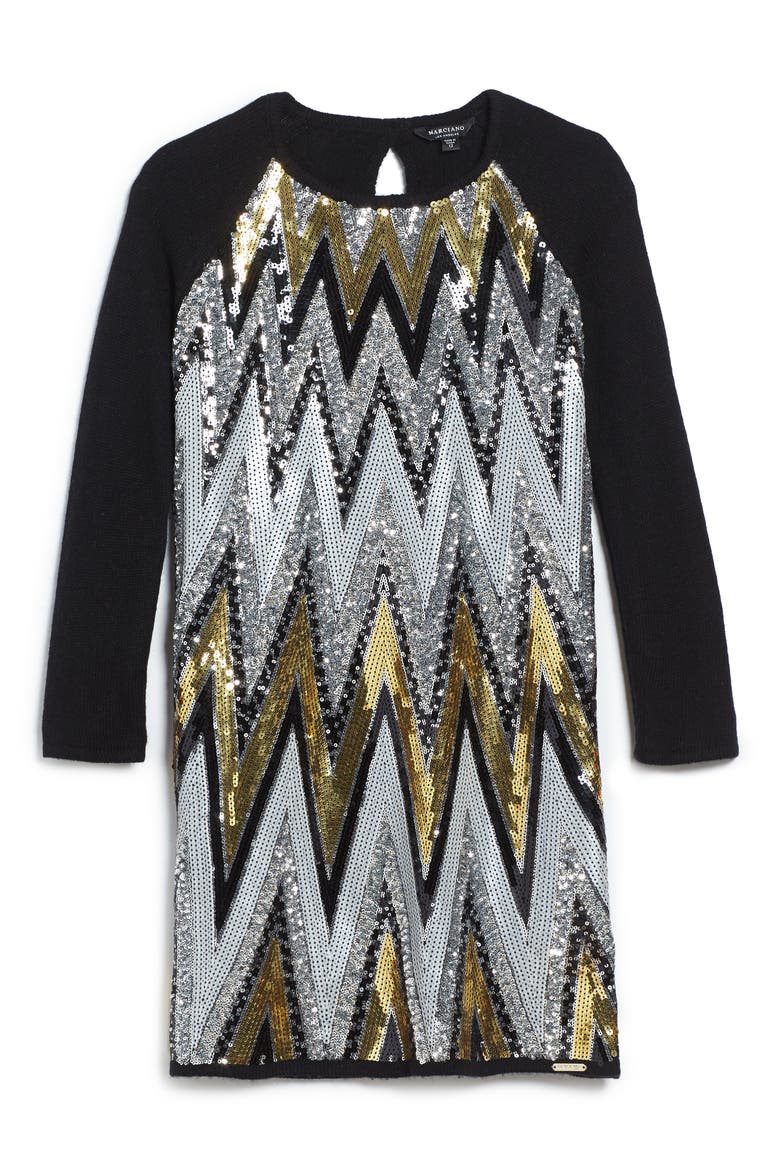 Chevron Sequin Sweater Dress, Main, color, BLACK MULTI