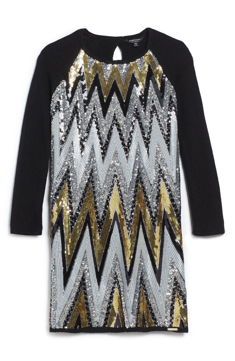 Marciano Chevron Sequin Sweater Dress, Main, color, 