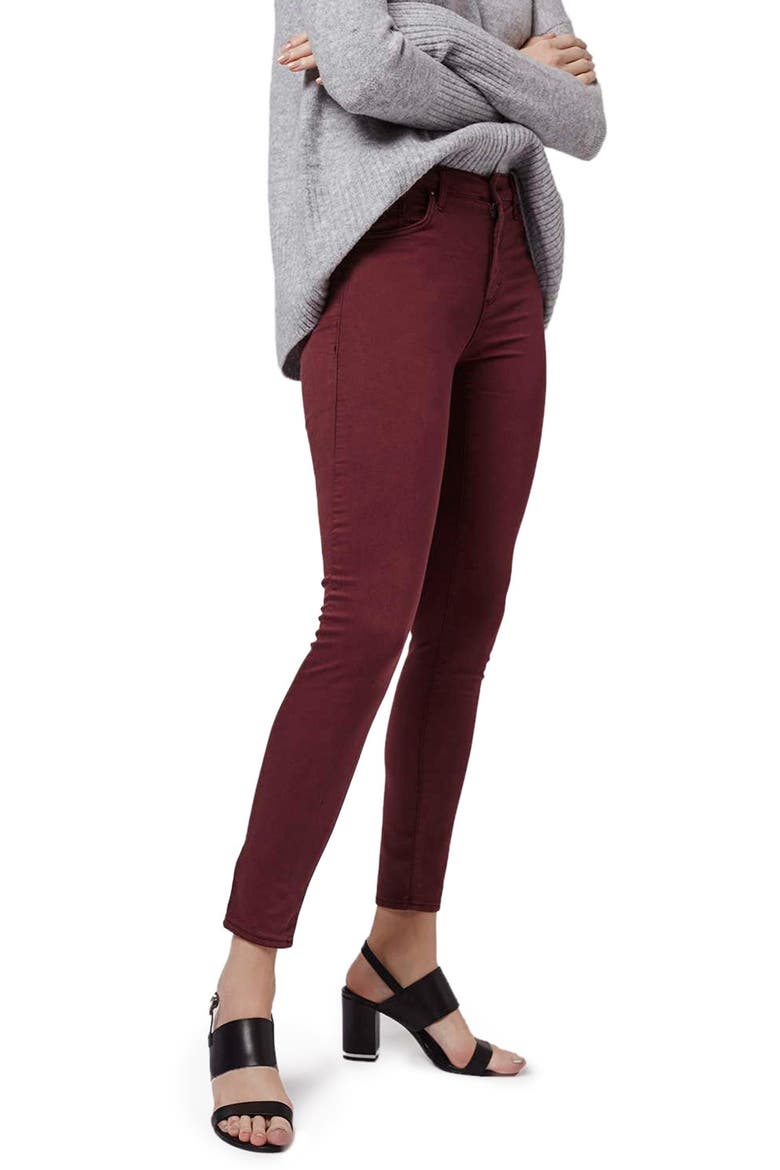 Moto 'Leigh' Ankle Skinny Jeans, Main, color, BURGUNDY
