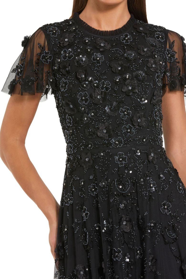 Embellished High Neck Cap Sleeve A Line Dress, Alternate, color, Black