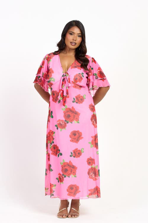 Fashion-szn Curve Flutter Sleeve Tie Front Midi Dress In Pink