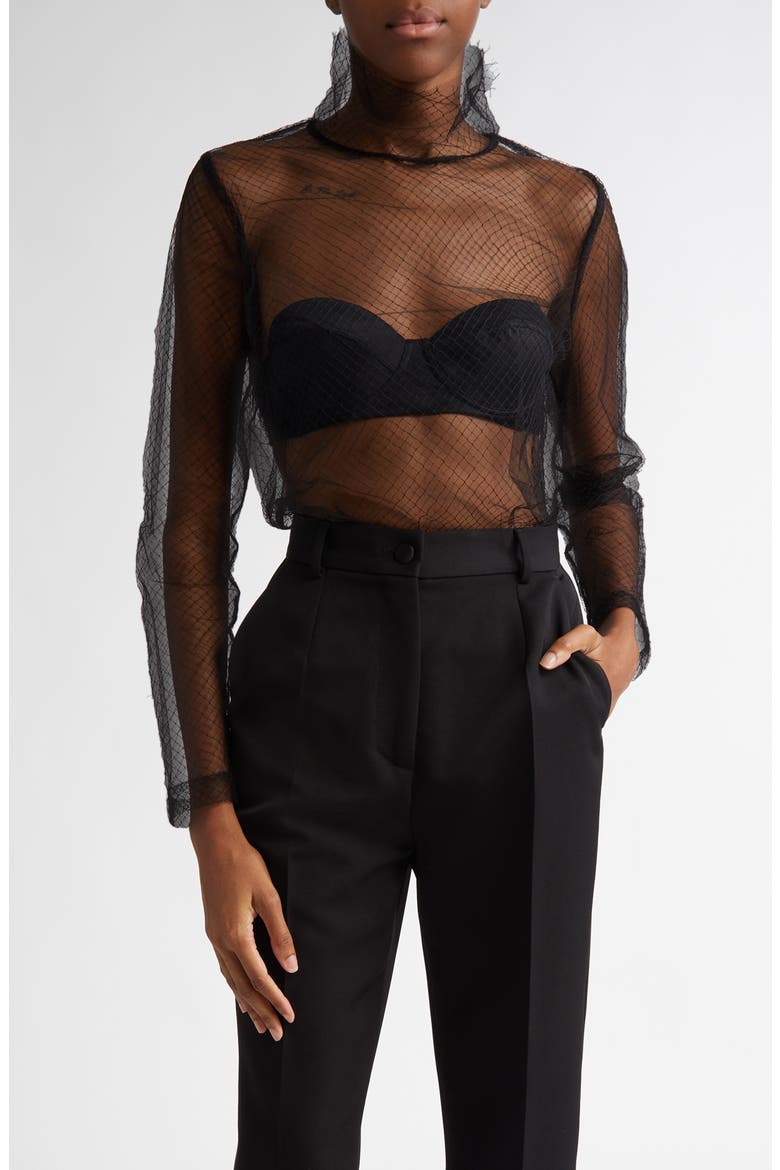 Fishnet Mesh Long Sleeve Top, Main, color, N0000 NERO
