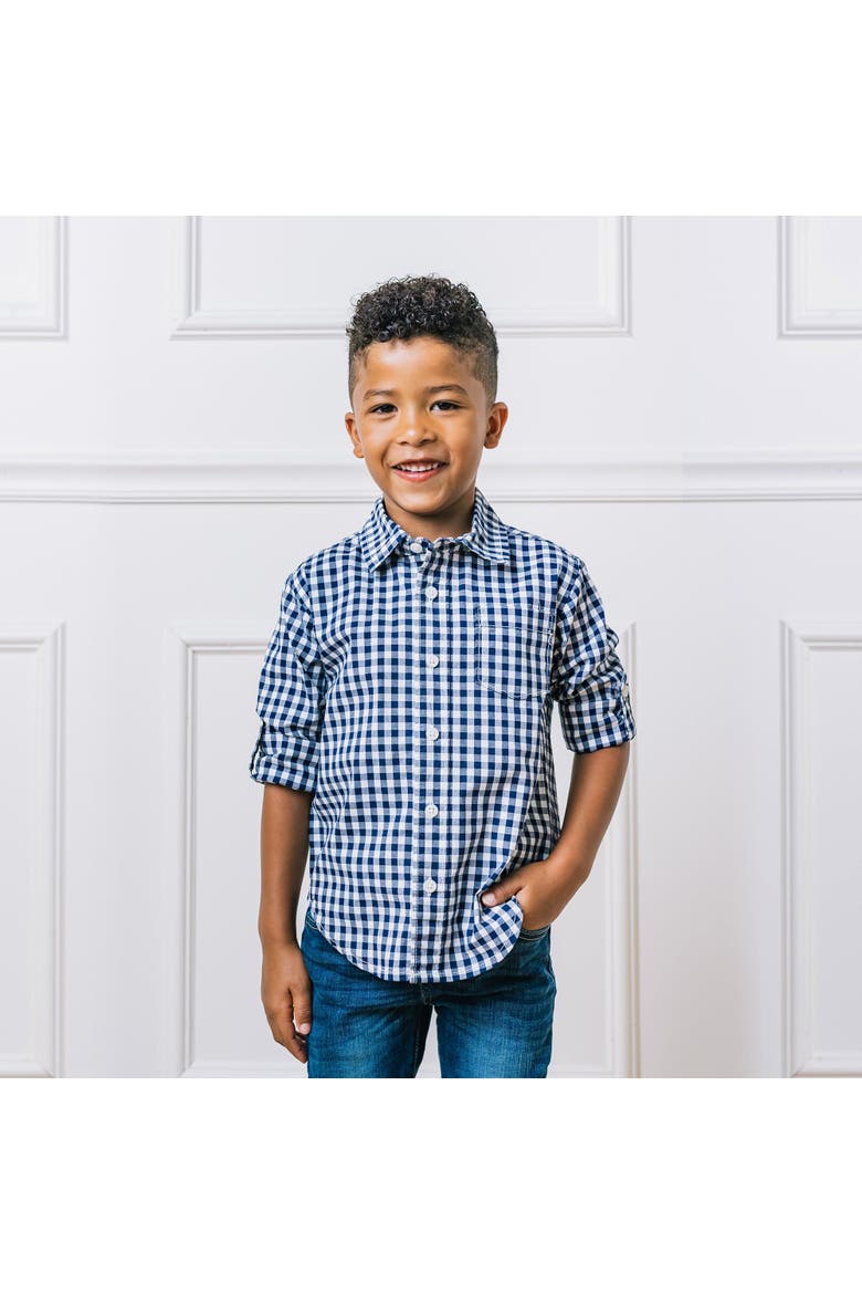 Baby Boys' Organic Stretch Poplin Roll-Up Shirt, Infant, Alternate, color, Navy Gingham