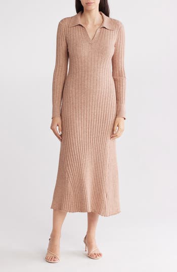 Tash And Sophie Long Sleeve A-line Sweater Dress In Camel