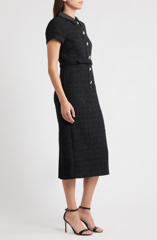 Likely Bardot Crystal Floral Button Tweed Cocktail Midi Dress In Black
