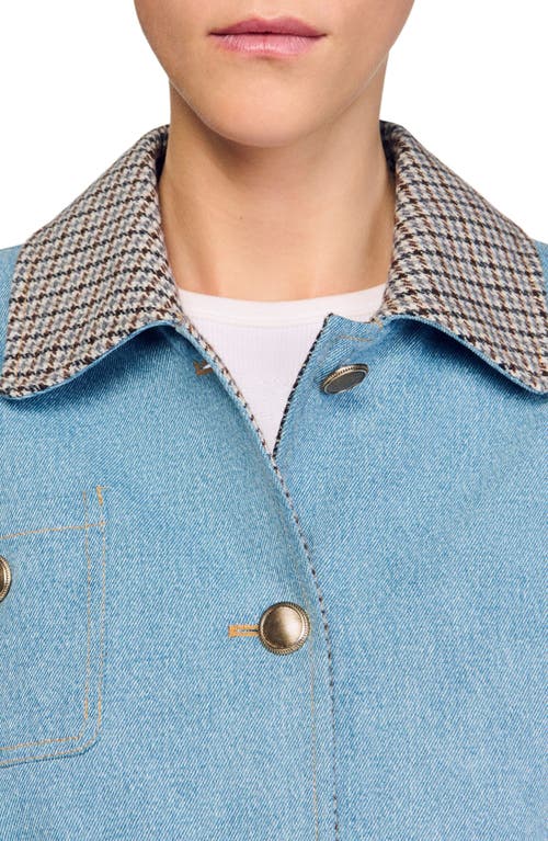 Sandro Plaid Collar Denim Jacket In Blue