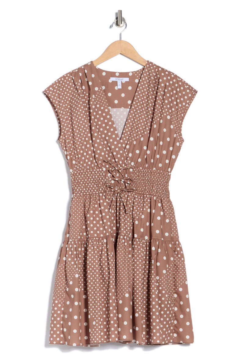 Tora Floral Print Shirred Dress, Alternate, color, TAN POLKA DOT