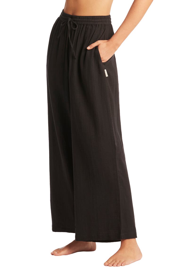 Sunset Beach High Waist Cotton Gauze Cover-Up Pants, Alternate, color, BLACK