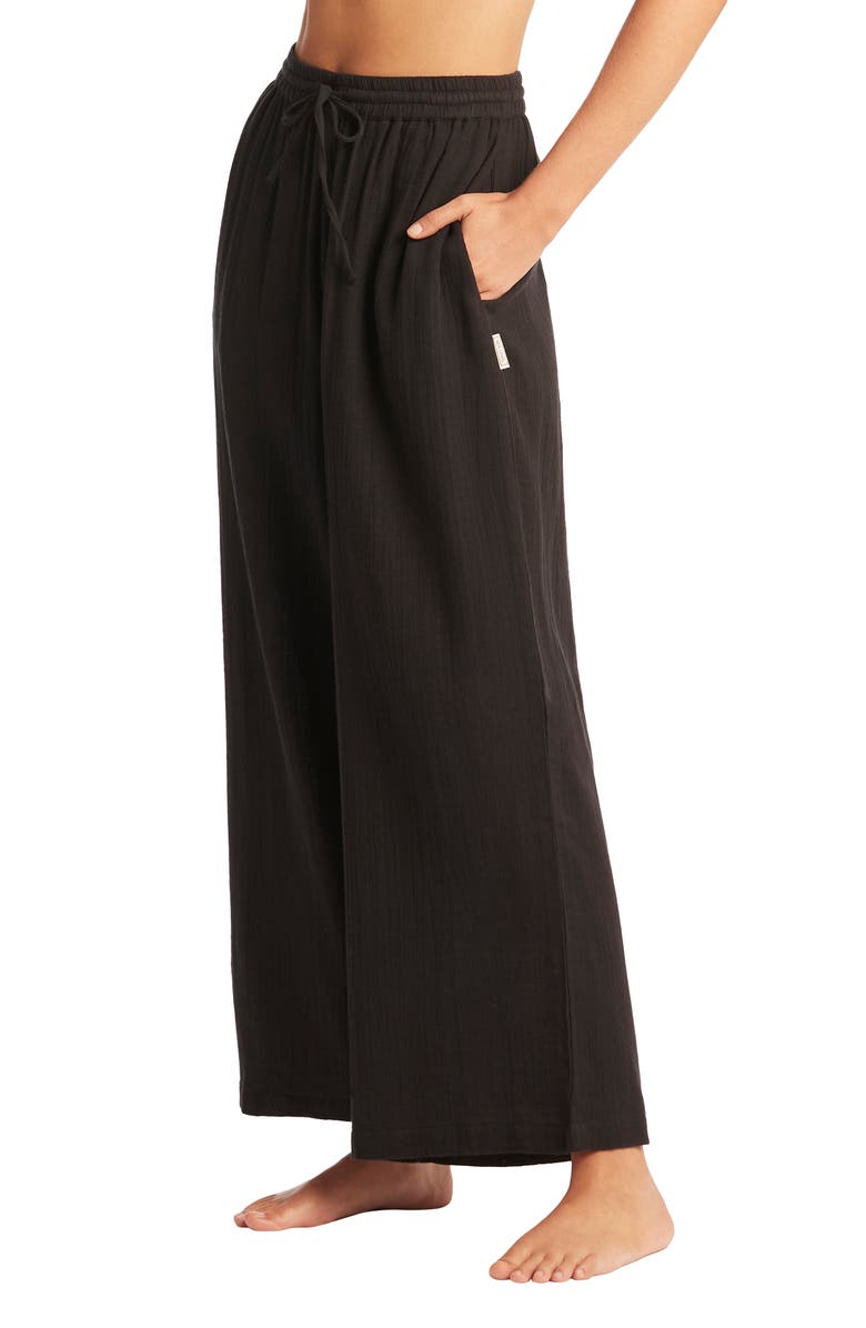 Sea Level Sunset Beach High Waist Cotton Gauze Cover-Up Pants, Alternate, color, Black