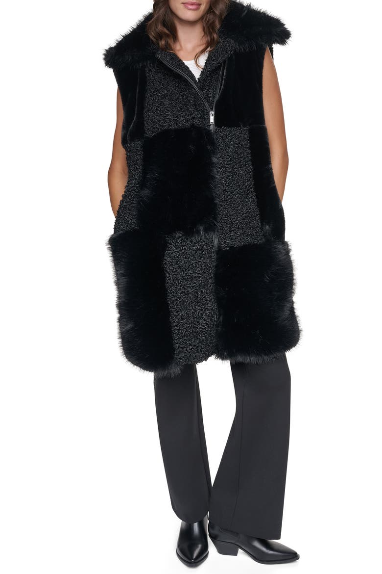 Patch Mix Faux Fur Long Vest, Main, color, BLACK