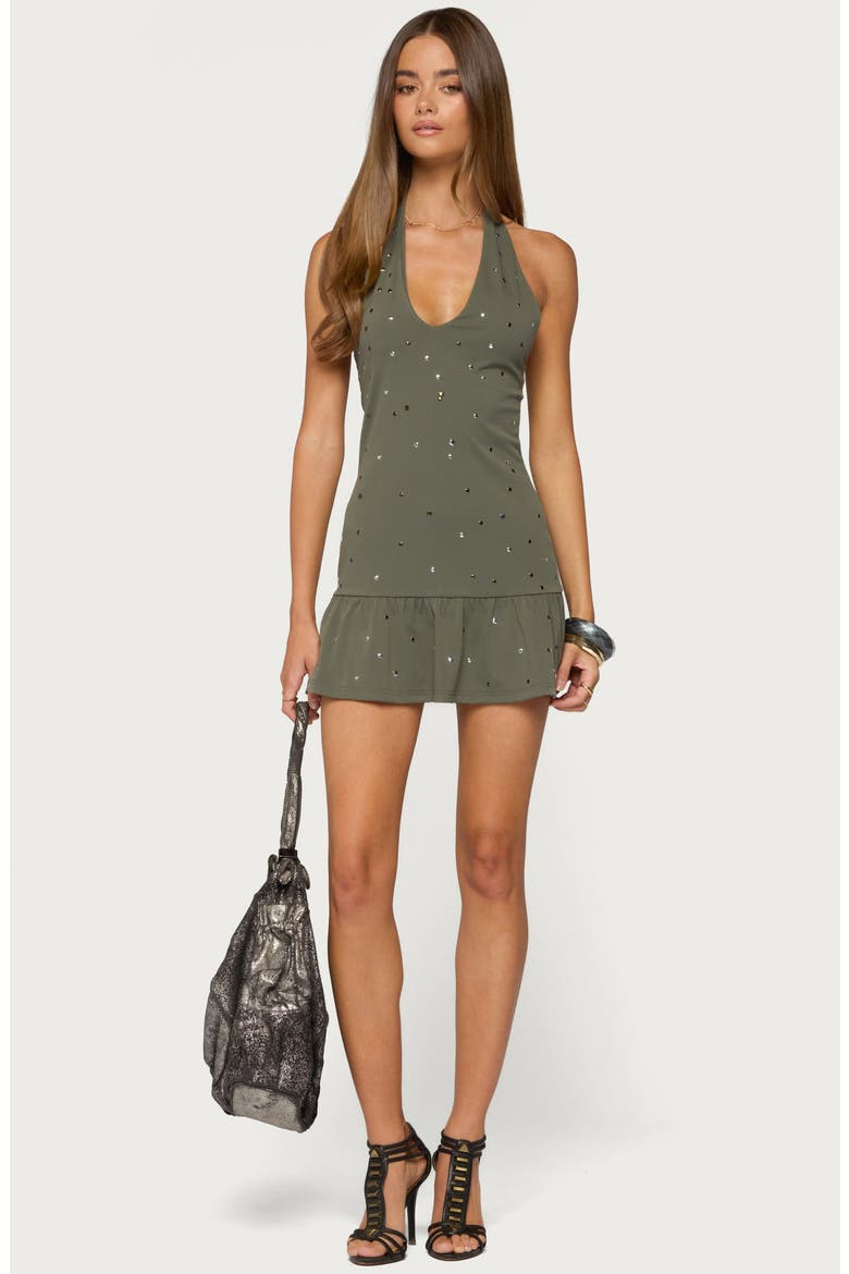 Andra Studded Halter Minidress, Alternate, color, OLIVE