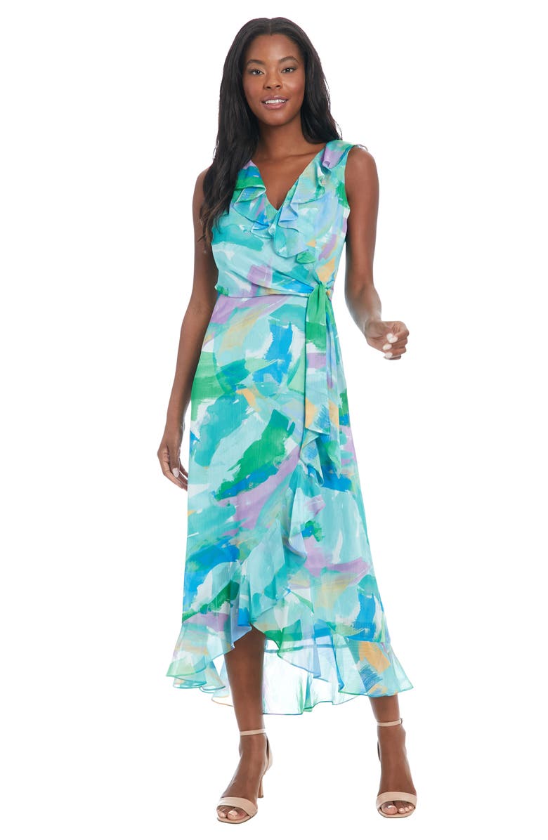 London Times Ruffle Sleeveless Faux Wrap Chiffon Maxi Dress, Alternate, color, 