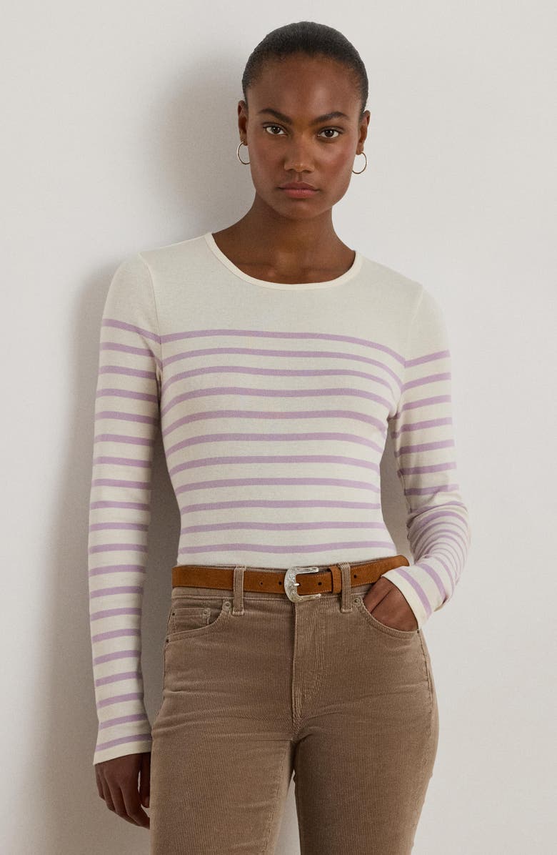 Lauren Ralph Lauren Stripe Long Sleeve Cotton Top, Alternate, color, Masc Cream/ Lavender Frost