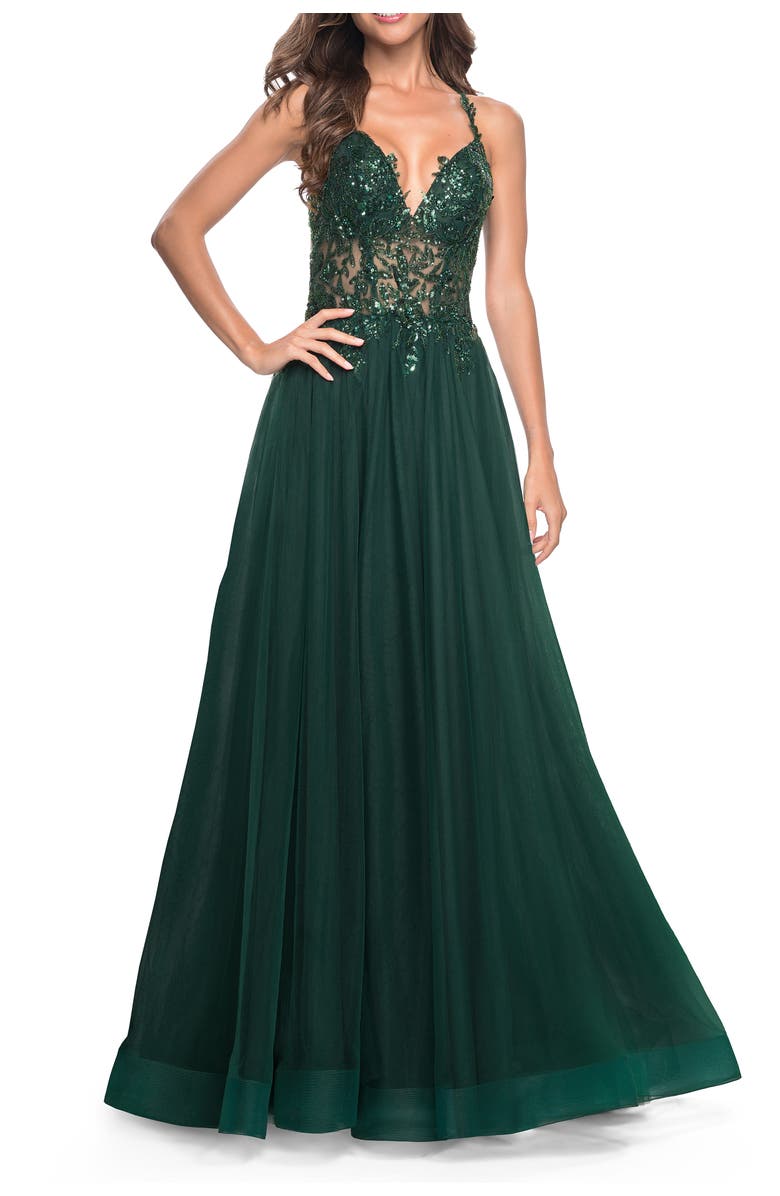 La Femme Tulle A-Line Gown with Sheer and Beaded Lace Detail, Main, color, Dark Emerald