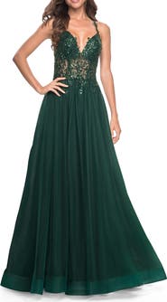 La Femme Tulle A-Line Gown with Sheer and Beaded Lace Detail