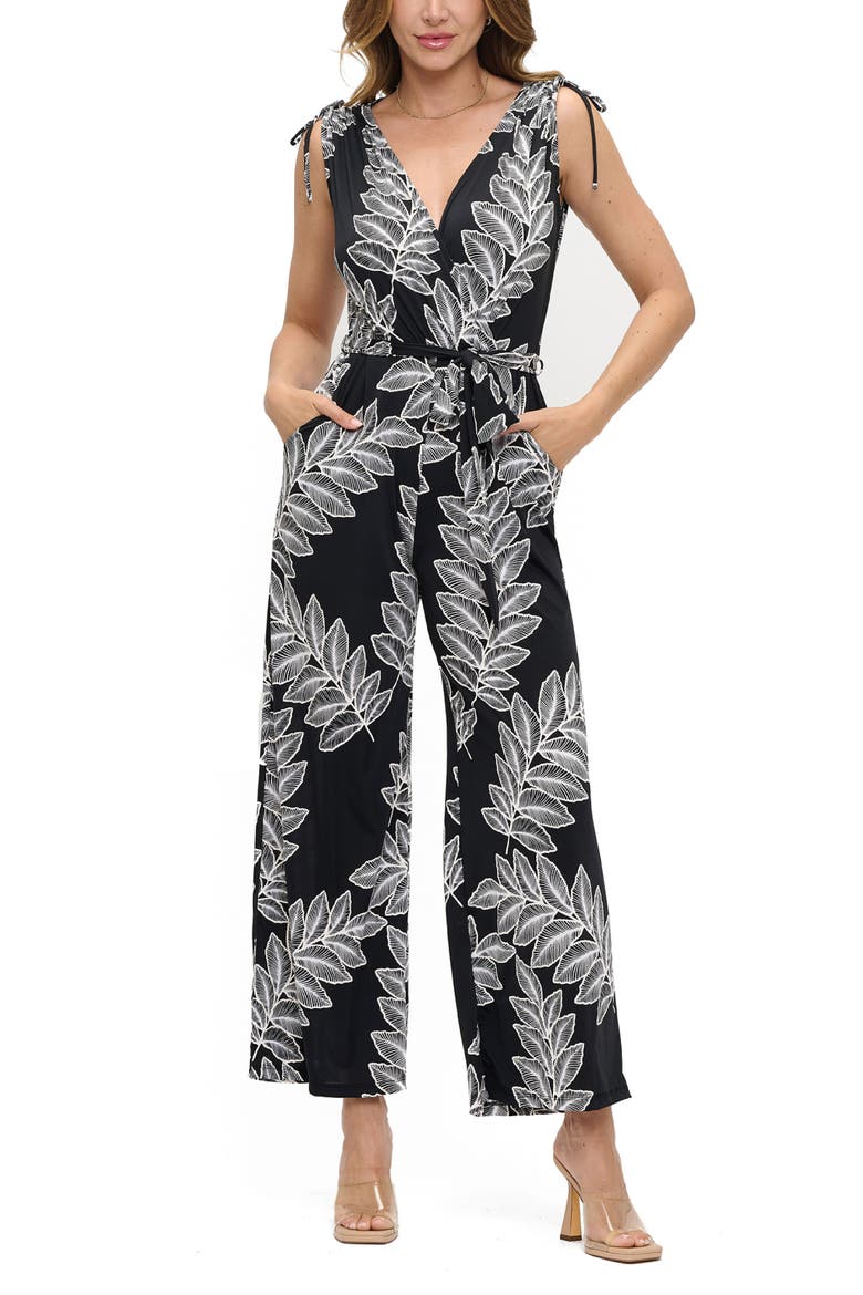 Tie Waist Wide Leg Jumpsuit, Alternate, color, BLACK LEAF