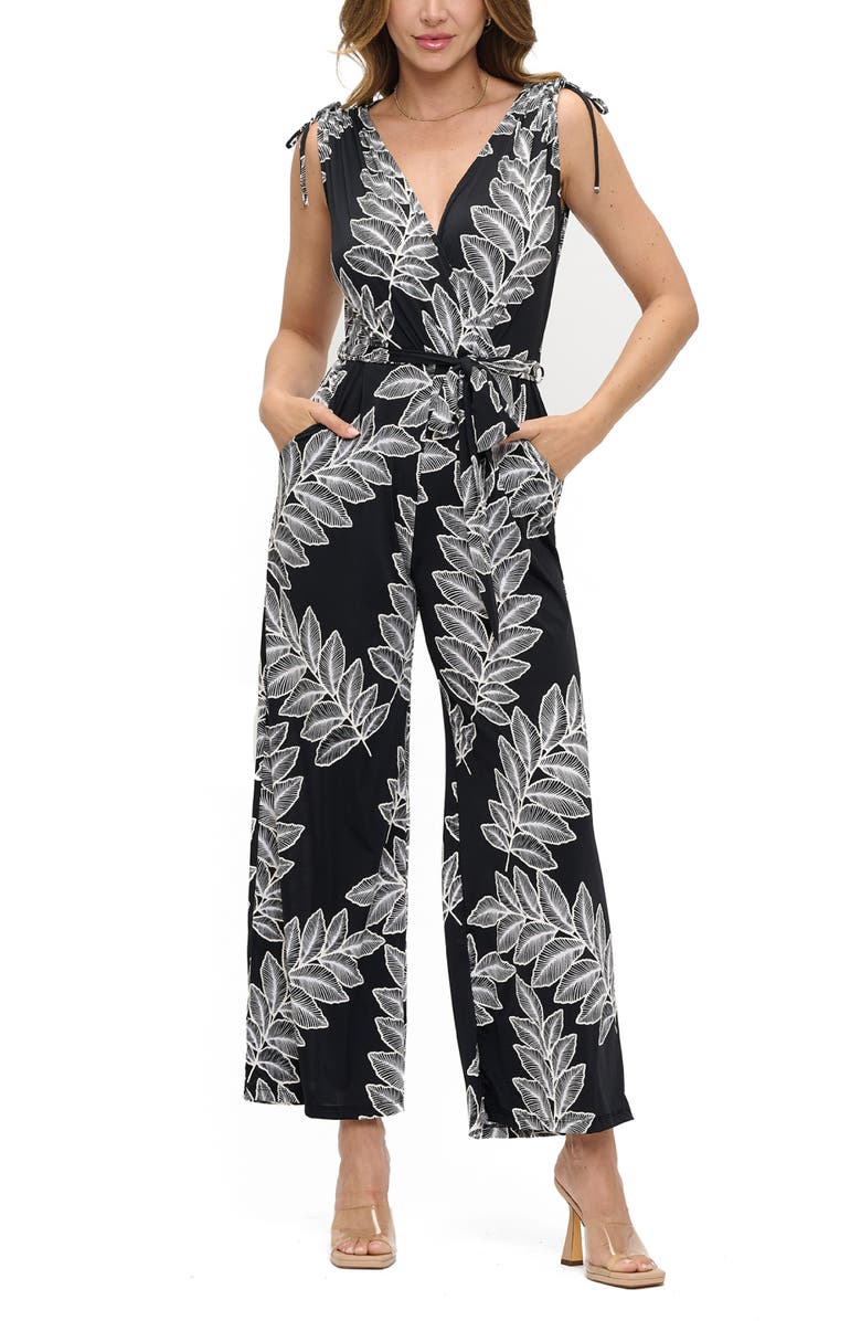 O.L. Tie Waist Wide Leg Jumpsuit, Alternate, color, Black Leaf