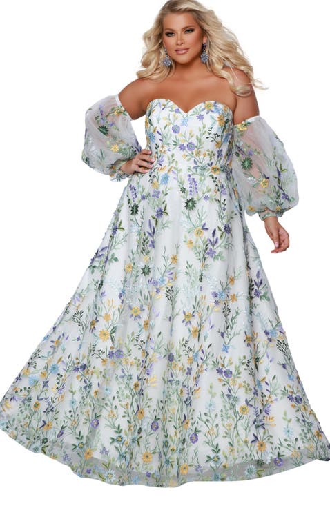 Floral Sweetheart Neckline Plus Size A-Line Gown