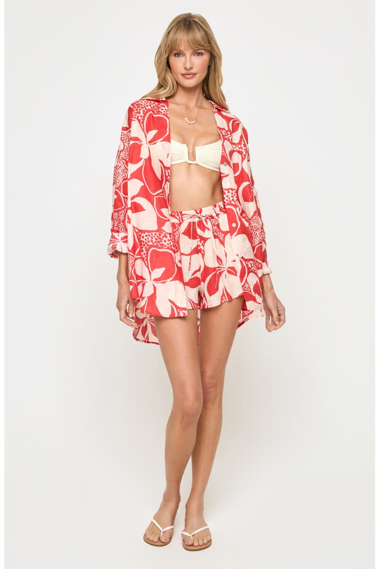 Rio Linen Cover-Up Drawstring Shorts, Alternate, color, HIBISCUS BLOOM