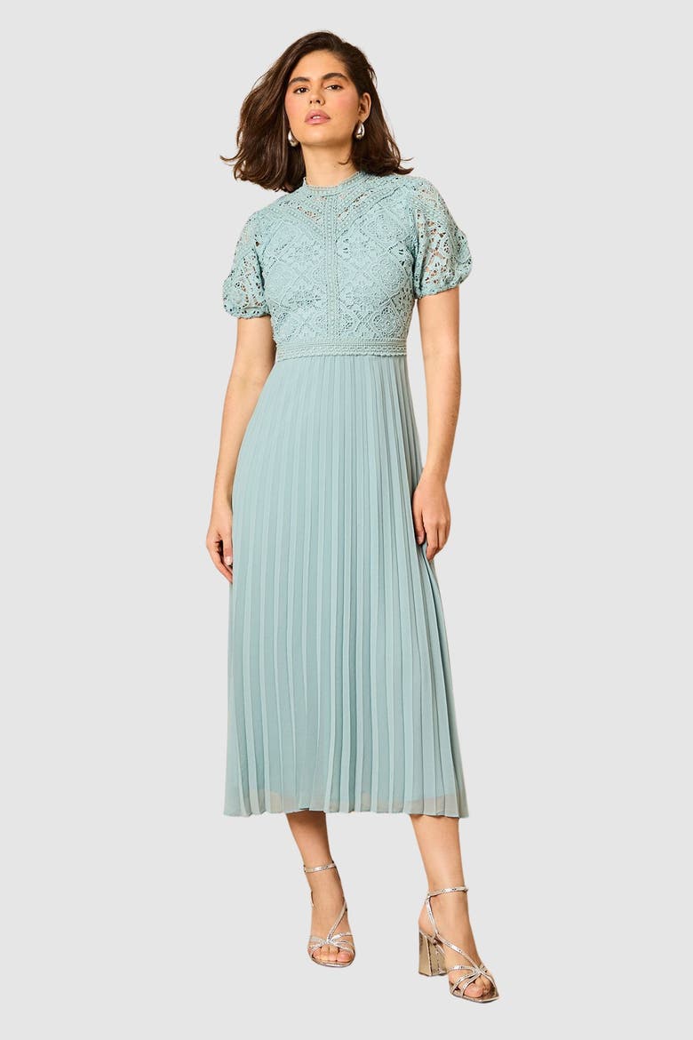 Lace Puff Sleeve Pleated Midi Dress, Main, color, Light Blue