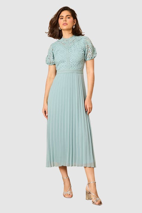 Lace Puff Sleeve Pleated Midi Dress