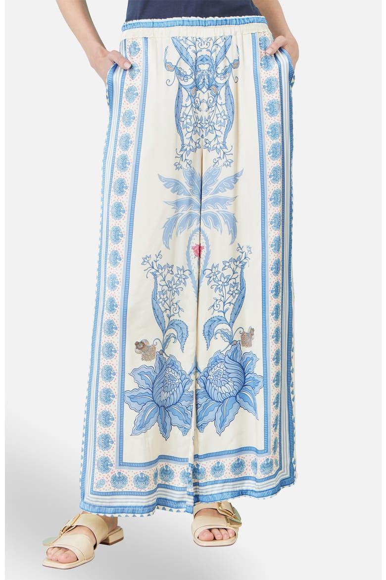 Satin Print Placement Relaxed Trousers, Main, color, Blue
