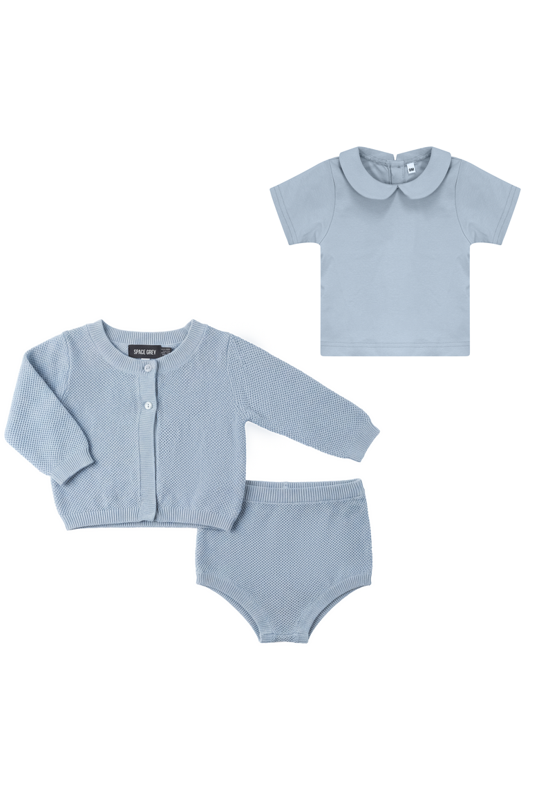 Boy Textured Knit Cardigan, Cotton Shirt and Shorts Set, Main, color, Blue