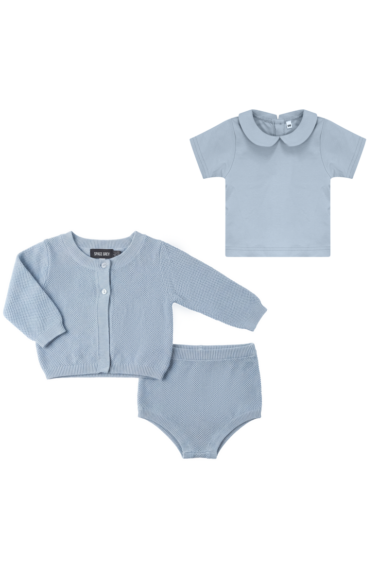 Space Grey Boy Textured Knit Cardigan, Cotton Shirt and Shorts Set, Main, color, Blue